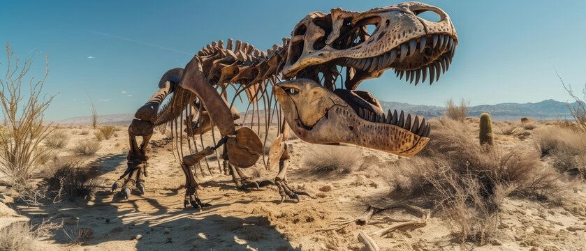 An epic depiction of two dinosaur skeletons in a confrontational stance amid the deserts expanse, simulating prehistoric combat. 3d rendering element of predator dinosaur fossil.