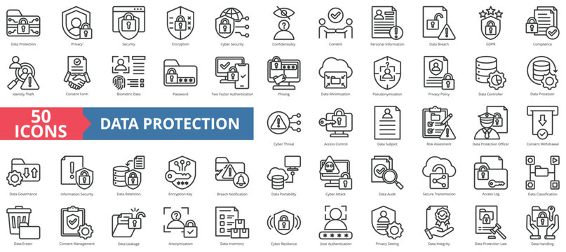 Data protection icon collection set. Containing privacy, security, encryption, cyber, confidentiality, consent, personal information icon. Simple line vector.