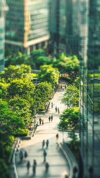 A fresh perspective of an urban corridor, flanked by reflective buildings and vibrant greenery, captured with a tilt-shift lens for a miniature effect.