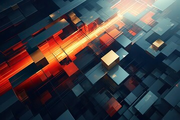Abstract cubes background. Overlapping black and gold cubes with orange light. Generative AI
