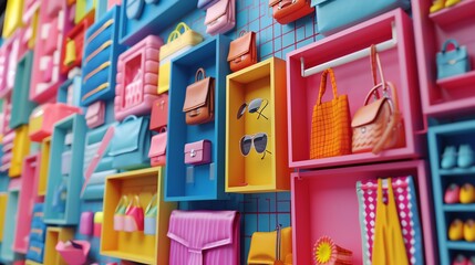 A colorful 3D illustration of a wall of cubbies filled with various accessories and clothing items.