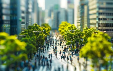 A tilt-shift effect blurs a dynamic urban scene, highlighting the motion of miniature-like pedestrians amidst green trees.