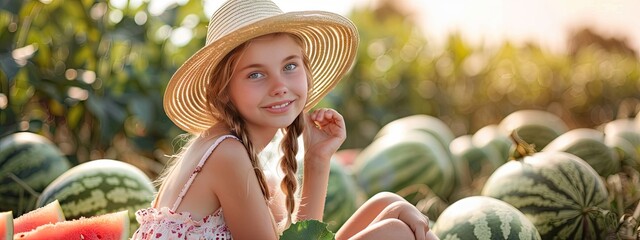 Obraz premium a girl in a field of watermelons