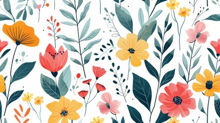 Floral seamless pattern with colorful flowers and leaves on a white background