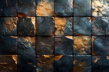 Closeup texture detail of a variety of gold and black square cut stone walls arranged in an abstract seamless check pattern background. - obrazy, fototapety, plakaty
