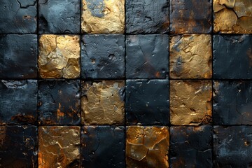 Closeup texture detail of a variety of gold and black square cut stone walls arranged in an abstract seamless check pattern background.