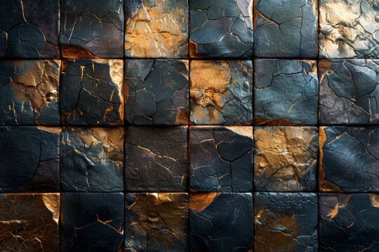 Fototapeta Closeup texture detail of a variety of gold and black square cut stone walls arranged in an abstract seamless check pattern background.