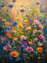 An artistic depiction of a flower field, rich with texture and a vivid palette, evokes a sense of abstract beauty.