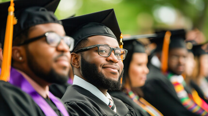 A proud, confident smiling black university graduate wearing glasses, a black graduation cap and gown, joyfully looks at the camera. Сollege graduate students, education success concept, copy space