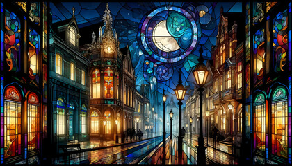 Stained glass Victorian town - obrazy, fototapety, plakaty