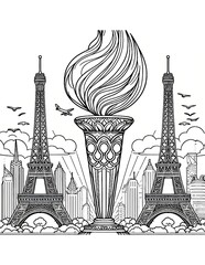Eiffel Tower and Olympic Flame Coloring Sheet