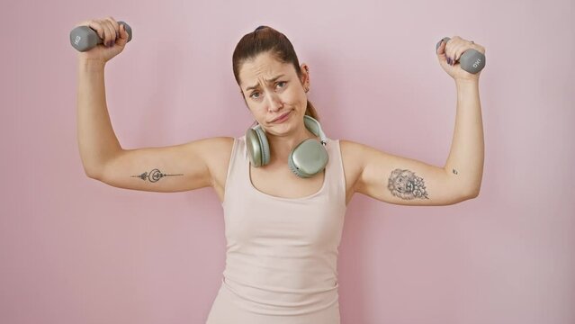 Nervous and skeptic young woman in sportswear, headphones over her head, frowning in upset while working out with weights. problem-side of sport reveals on isolated pink background.