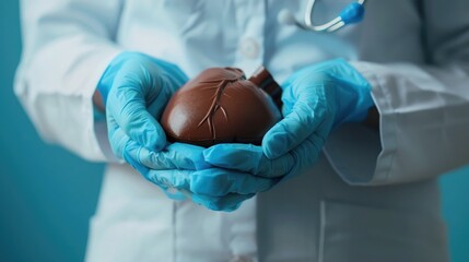 Hands in medical gloves clutching a liver model on World Hepatitis Day, symbolizing the fight against hepatitis - obrazy, fototapety, plakaty