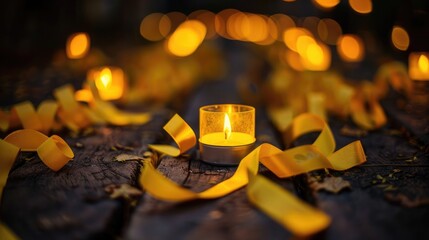 Yellow ribbons and candles at a vigil to remember hepatitis victims on World Hepatitis Day - obrazy, fototapety, plakaty