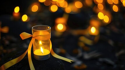 Candlelight vigil scene with yellow ribbons for World Hepatitis Day, honoring those affected by hepatitis - obrazy, fototapety, plakaty