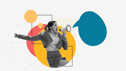 Young woman emotionally shouting in megaphone with speech bubble, drawing attention to new...