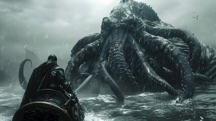 Lone Warrior Confronts the Kraken's Tentacled Terror in the Depths of the Raging Ocean - obrazy, fototapety, plakaty