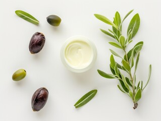 Jojoba oil skin cream with a dropper on a white background with ripe jojoba fruits