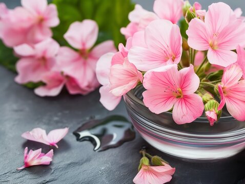cosmetic creams with pink flowers, geranium flower, skin cream on a white background