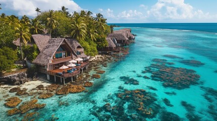 Water bungalows resort at islands, luxury spa resort on a coral reef