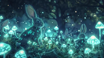 A colony of bioluminescent bunnies, their fur shimmering with soft greens and blues, hopped through a field of glowing mushrooms, their nighttime frolicking a magical watercolor spectacle - obrazy, fototapety, plakaty