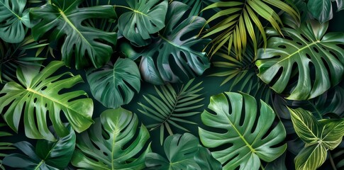 Obraz na płótnie Canvas Tropical plants and succulents form a background of greenery in this wallpaper with palm leaves