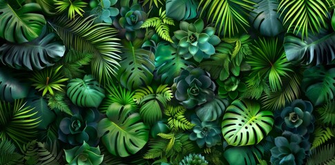 Tropical plants and succulents form a background of greenery in this wallpaper with palm leaves