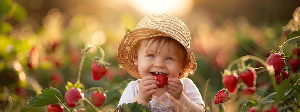 little child eats strawberry in nature