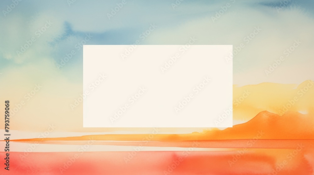 Aufkleber white rectangular paper frame and blue orange watercolor painting, background panorama for webdesign