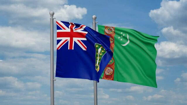Turkmenistan and British Virgin Islands two flags waving together, looped video, two country cooperation concept