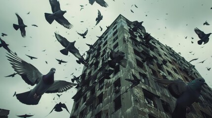 A flock of adaptable pigeons have taken up residence on a decaying skyscraper, using the slowmoving zombies as a mostly inedible shield against predators - obrazy, fototapety, plakaty
