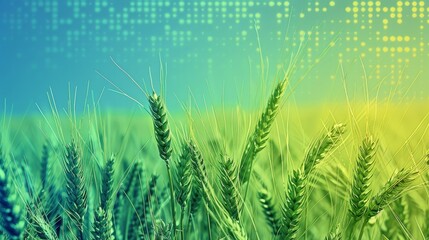 The green wheat farm serves as the backdrop for a dot halftone colors pattern gradient texture - obrazy, fototapety, plakaty