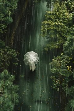 overhead shot of young woman stand and walking alone in the middle of the forest holding a transparant umbrella, that woman walking accross the forest when it rains quite heavy