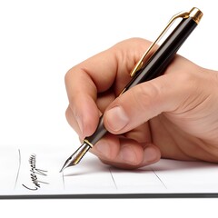 Close-up of hands holding and signing a contract with a luxury pen, isolated on a white background with ample copy space.