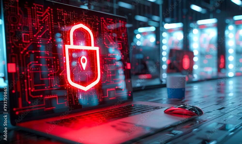 Poster digital cybersecurity shield on screen in a high-tech workspace for network protection
