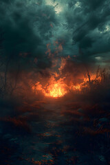 Raging Wildfire Engulfs Forsaken Landscape,Harbinger of Impending Doom - obrazy, fototapety, plakaty