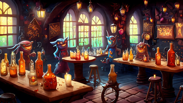A lively tavern with whimsical creatures, magical brews, and floating candles. Generative Ai