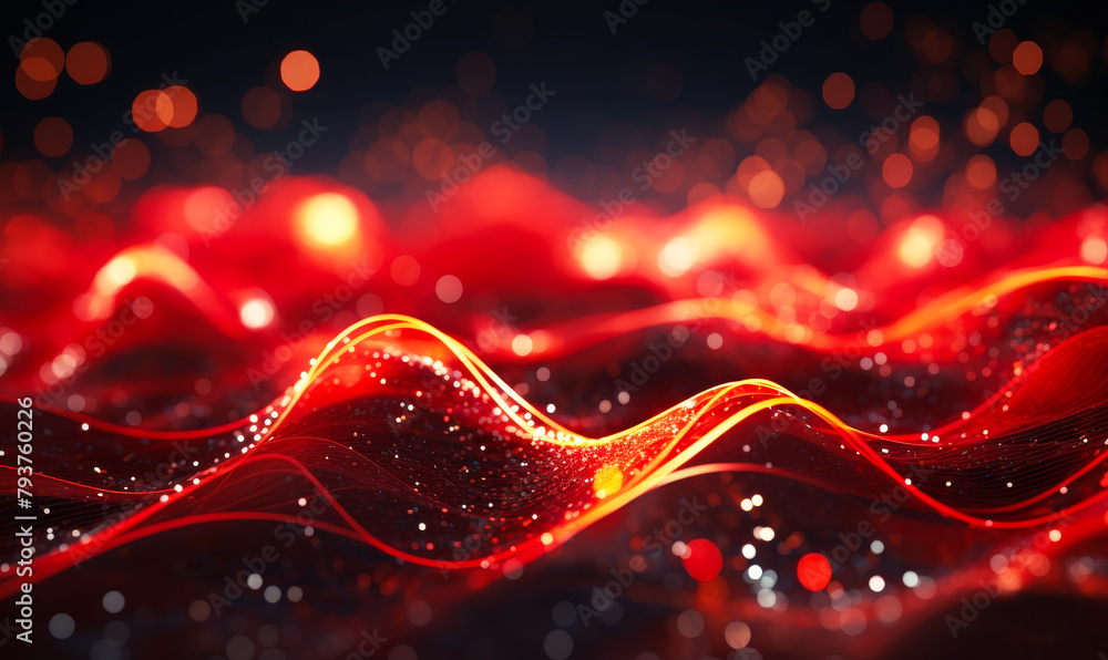 Poster abstract crimson energy flow with bokeh lights: dynamic red waves and particle swirls