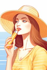 Fototapeta premium A woman wearing a straw hat is standing near a sink, brushing her teeth with a toothbrush. She is focused on her reflection in the mirror as she maintains her oral hygiene routine