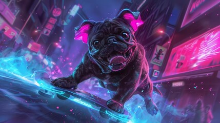 A perky pug with mismatched cyber ears, one neon pink and one electric blue, zoomed through the park on a hoverboard, its tongue lolling out in pure joy
