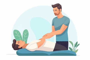 A man is getting a back massage from another man wearing a blue shirt. The masseur is using various techniques to alleviate tension in the recipients back muscles - obrazy, fototapety, plakaty