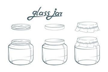 Glass jar set. Jar hand drawn. Lettering of glass jar. Vector artwork.