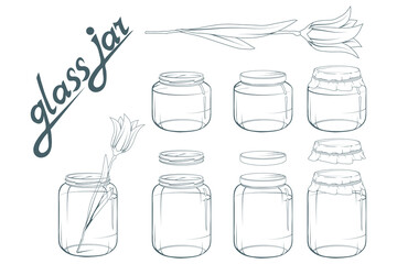 Glass jar set. Jar hand drawn. Lettering of glass jar. Vector artwork.