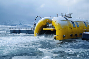 Modern Yellow Wave Energy Converter Station Operating Amidst Ice in Harsh Climate
