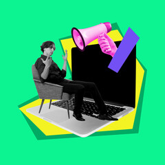 Man sitting and gesturing over laptop and megaphone. Contemporary art collage. Effective communication and strategy for achieving goals. Concept of business, public relations, marketing and management
