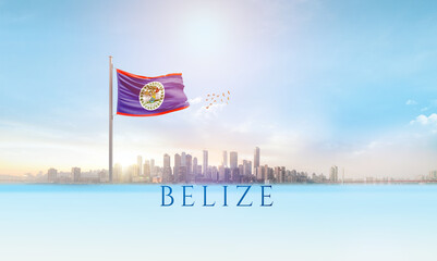 Belize national flag waving in beautiful building skyline.