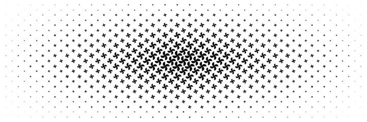 horizontal halftone of black windmill spread from center  for pattern and background.