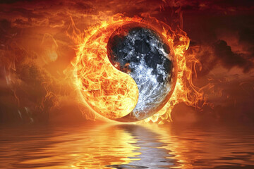 Conceptual Artwork of Earth in Yin and Yang Harmony with Fiery and Watery Elements - obrazy, fototapety, plakaty