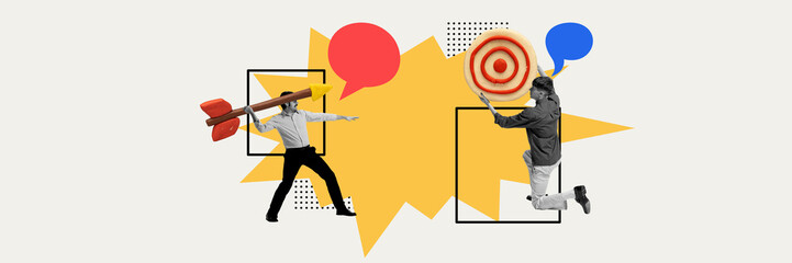 Man aiming arrow into target. Contemporary art collage. Targeted approach, importance of planning and strategy. Concept of business, public relations, marketing and management, improvement