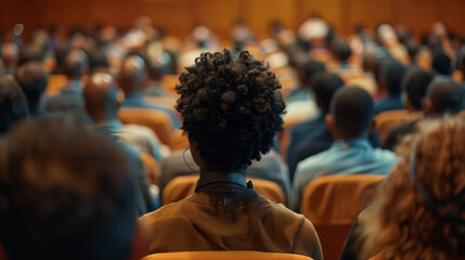 Rear view of Audience in the conference hall or seminar meeting which have Speakers - obrazy, fototapety, plakaty
